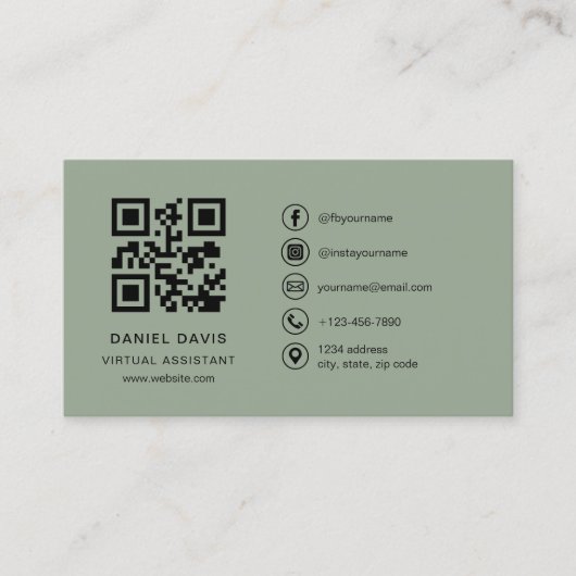 Carte De Visite Virtual Assistant Sage Green Logo QR Code  (Devant)