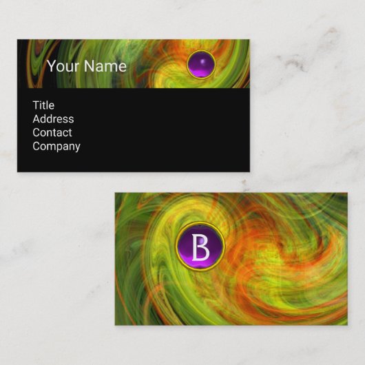 Carte De Visite VORTEX LUMINEUX Jaune Noir Violet Gem Monogramme (Devant / Derrière)