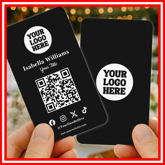 Carte De Visite Votre logo ici Noir Moderne | Code QR simple