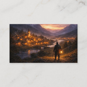 Carte De Visite Voyageur Solitaire Atteignant un Village Lumineux