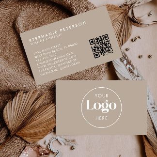 Carte De Visite Warm Beige Elegant Custom Company Logo QR Code