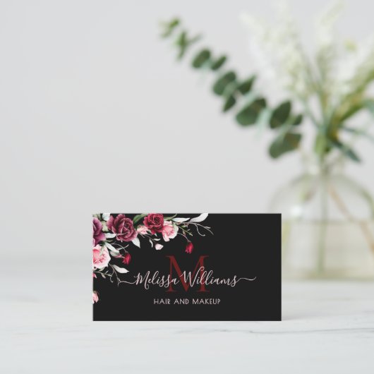 Carte De Visite Watercolor Roses Monogram Black (Debout devant)