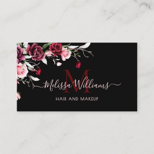 Carte De Visite Watercolor Roses Monogram Black (Devant)