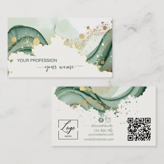 Carte De Visite Watercolor Sage green Qr Code  (Devant / Derrière)