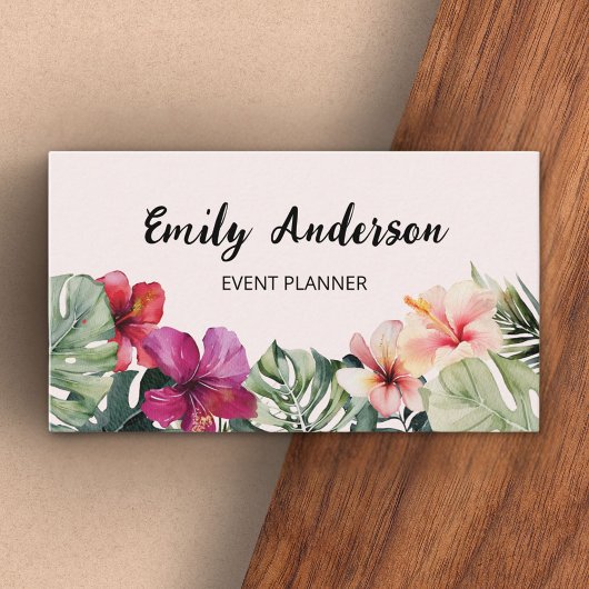 Carte De Visite Watercolor Tropical Flowers Leaves QR Code