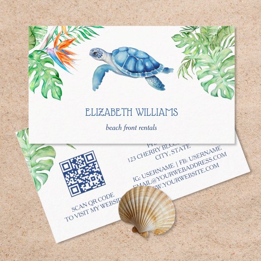 Carte De Visite Watercolor Turtle Tropical Leaves