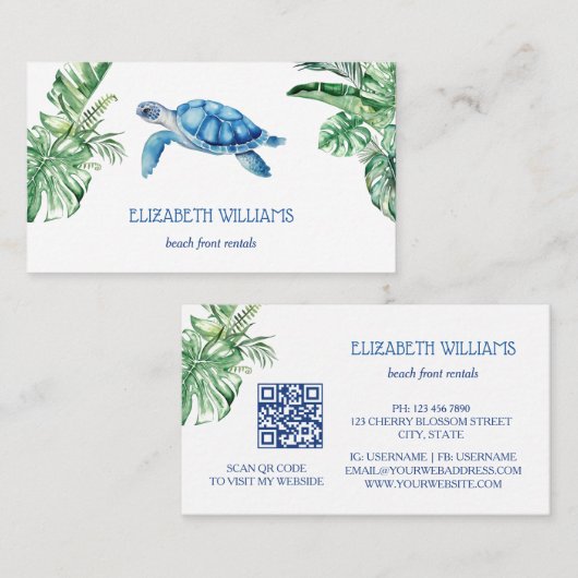 Carte De Visite  Watercolor Turtle Tropical Leaves (Devant / Derrière)