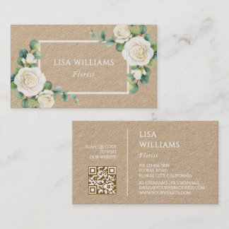 Carte De Visite Watercolor  White Roses Greenery Rustic