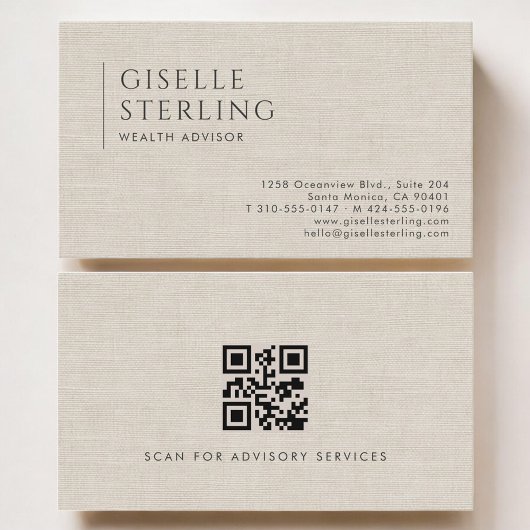 Carte De Visite Wealth Advisor Luxury Neutral Linen QR Code