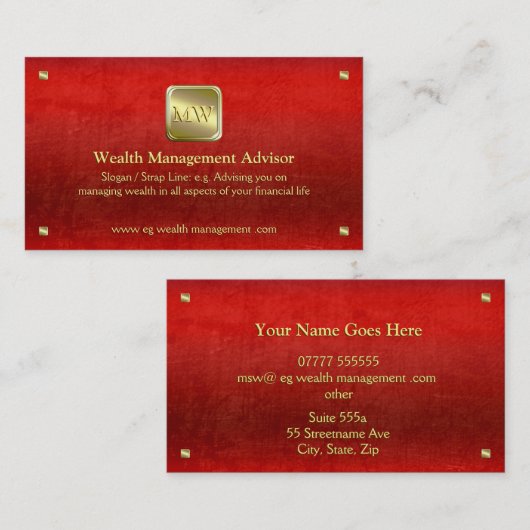 Carte De Visite Wealth Advisor, plaque d'identification or, look c (Devant / Derrière)