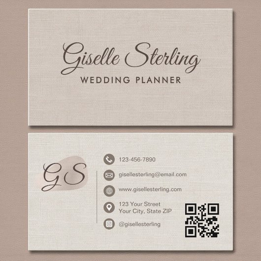 Carte De Visite Wedding Planner Beige Linen Modern Elegant QR Code
