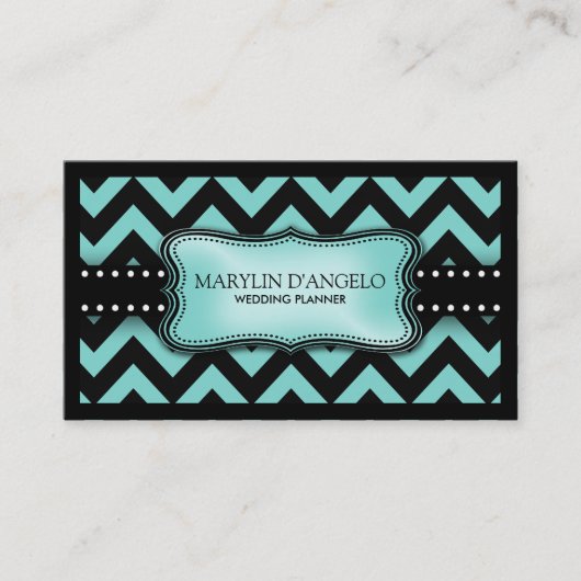 Carte De Visite Wedding planner bleu et noir d'Aqua de Chevron (Devant)