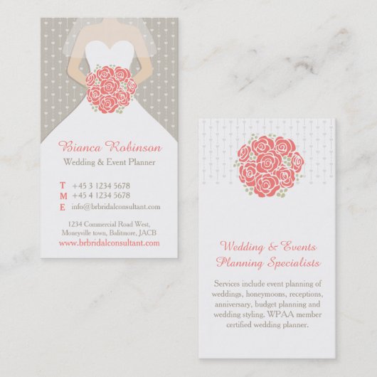 Carte de visite wedding planner corail, gris et bl (Devant / Derrière)
