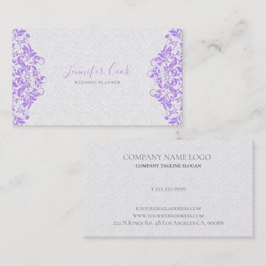 Carte De Visite Wedding planner de Damas florales violet et blanc (Devant / Derrière)