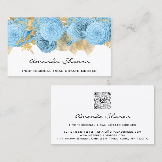 Carte De Visite Wedding planner d'événement Blue Floral Logo QR CO (Devant / Derrière)