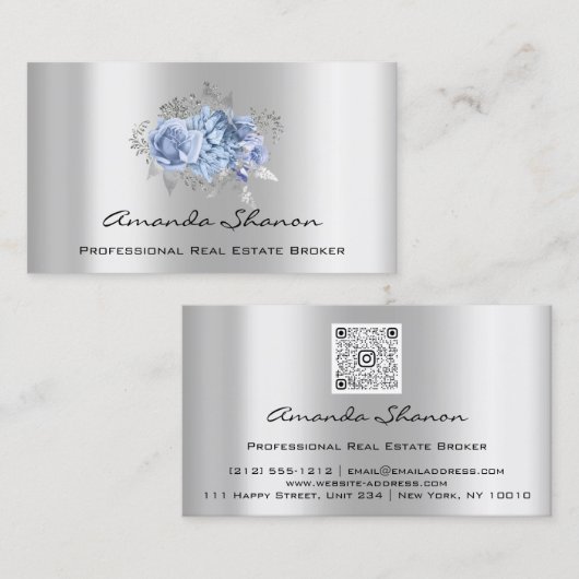 Carte De Visite Wedding planner d'événement Floral Silver Logo QRC (Devant / Derrière)