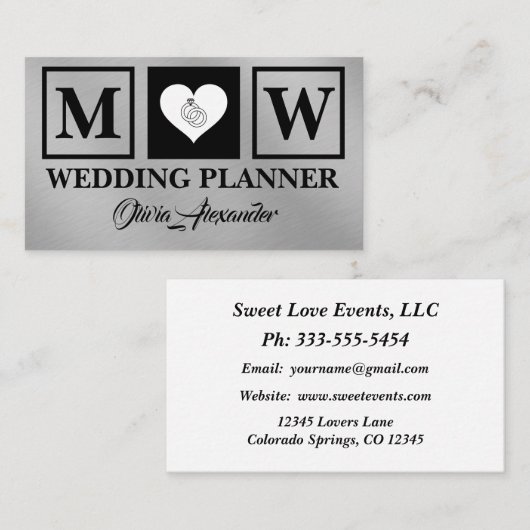 Carte de visite Wedding planner en argent noir sim (Devant / Derrière)