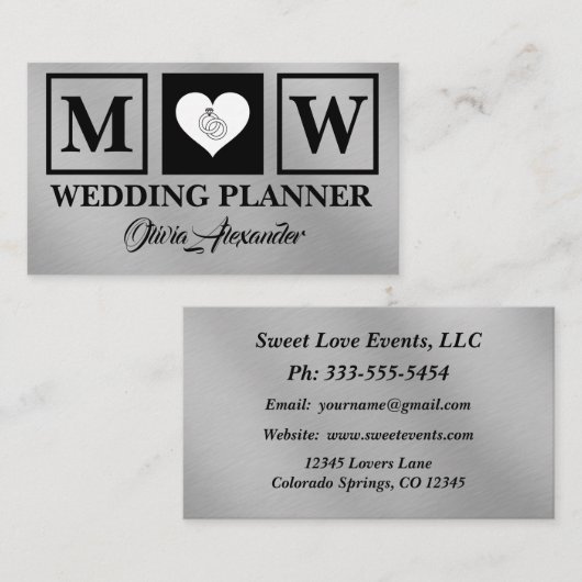 Carte de visite Wedding planner en argent noir sim (Devant / Derrière)
