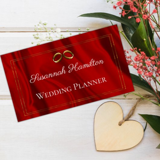 Carte De Visite Wedding planner glamour de soie rouge et anneaux d