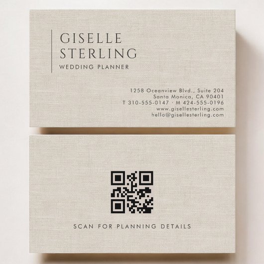 Carte De Visite Wedding Planner Luxury Neutral Linen QR Code