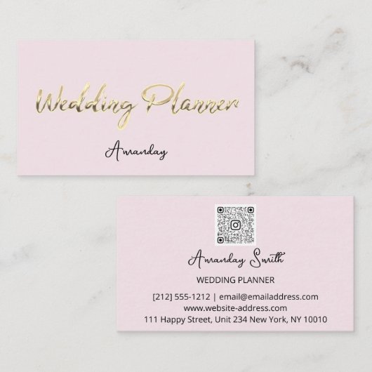 Carte De Visite Wedding planner Script Gold QR Code Logo rose (Devant / Derrière)