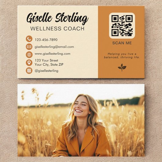 Carte De Visite Wellness Coach Yellow Orange QR Code Photo