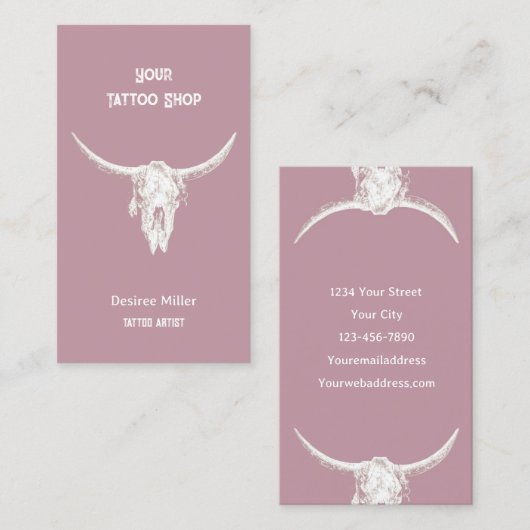 Carte De Visite Western Rustic Pink Tattoo Shop Bull Skull (Devant / Derrière)