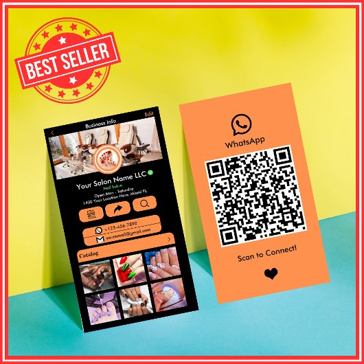 Carte De Visite WhatsApp Salon de Manucure Orange Code QR Réseaux