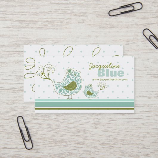 Carte De Visite Whimsical Blue Maman Et Bébé Oiseau Damask Fils (Devant/Arrière en situation)