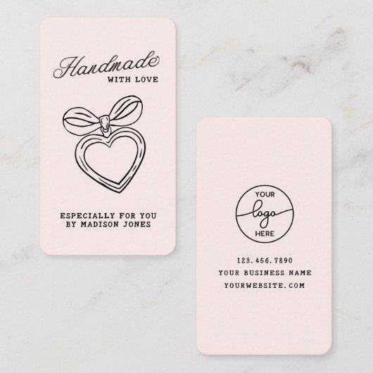 Carte De Visite Whimsical Handmade with Love Script Heart Bow (Devant / Derrière)