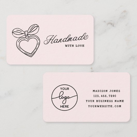 Carte De Visite Whimsical Handmade with Love Script Heart Bow Logo (Devant / Derrière)