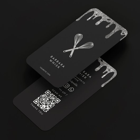 Carte De Visite Whisk d'argent noir moderne boulangerie Chef trait