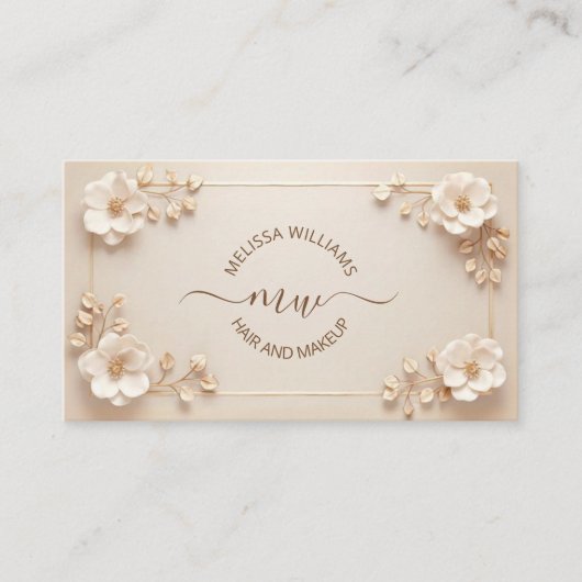 Carte De Visite White Beige 3D Flowers Initials (Devant)