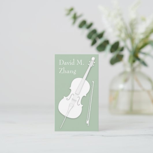 Carte De Visite White Cello & Bow Pea Green String Player enseigna (Debout devant)