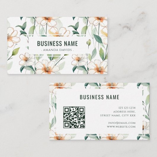 Carte De Visite White Floral Pattern Green Greenery QR Code (Devant / Derrière)