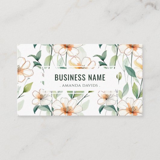 Carte De Visite White Floral Pattern Green Greenery QR Code (Devant)