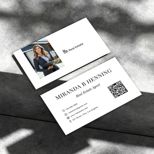 Carte De Visite White Professional Real Estate Agent Photo QR Code