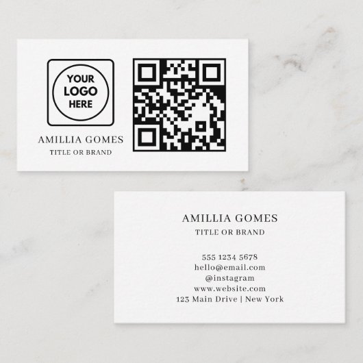 Carte De Visite White QR Code | Modern Minimal Custom Contact (Devant / Derrière)