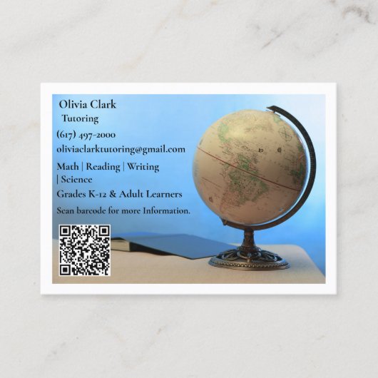 Carte De Visite White QR Code Tutor Teacher Globe & Book Classroom (Devant)