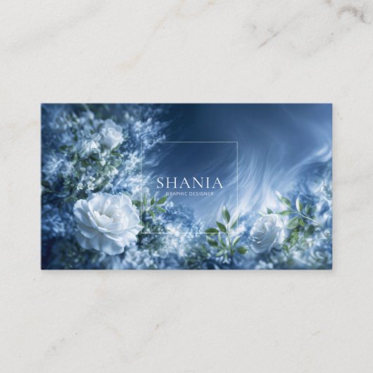 Carte De Visite White Rose Floral and Dark Blue Cosmic Swirl (Devant)