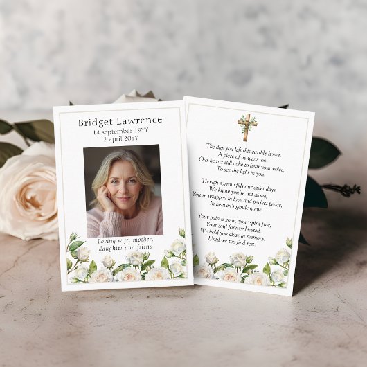 Carte De Visite White Roses Memorial Photo Prayer Card