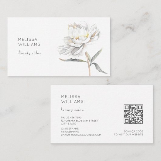 Carte De Visite White Watercolor Peony Flower (Devant / Derrière)