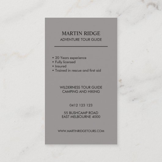 Carte De Visite Wilderness Adventure Tour Guide Camping Survie (Dos)