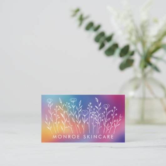Carte De Visite Wildflowers Elegant LineArt Custom QR Code Rainbow (Debout devant)