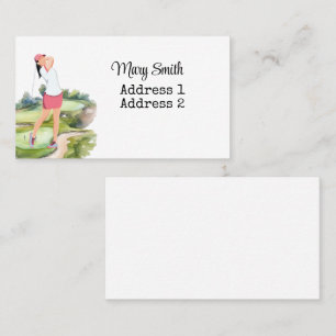 Carte De Visite Woman Golfer est golfeuse sur terrain de golf aqua