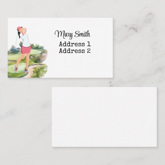 Carte De Visite Woman Golfer est golfeuse sur terrain de golf aqua (Devant / Derrière)