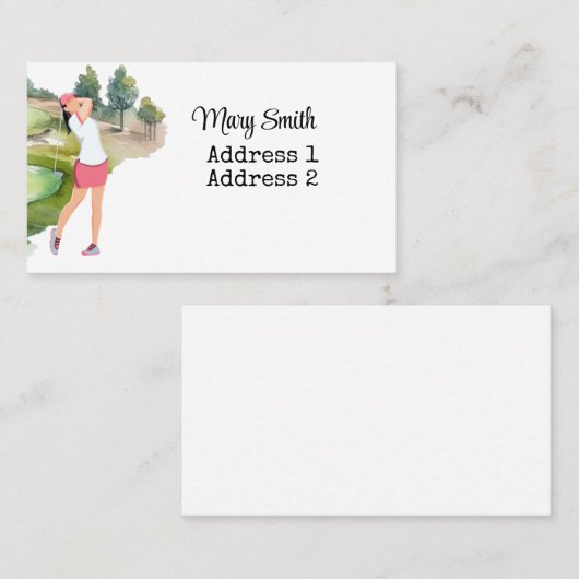 Carte De Visite Woman Golfer est golfeuse sur terrain de golf aqua (Devant / Derrière)