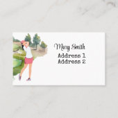 Carte De Visite Woman Golfer est golfeuse sur terrain de golf aqua (Devant)