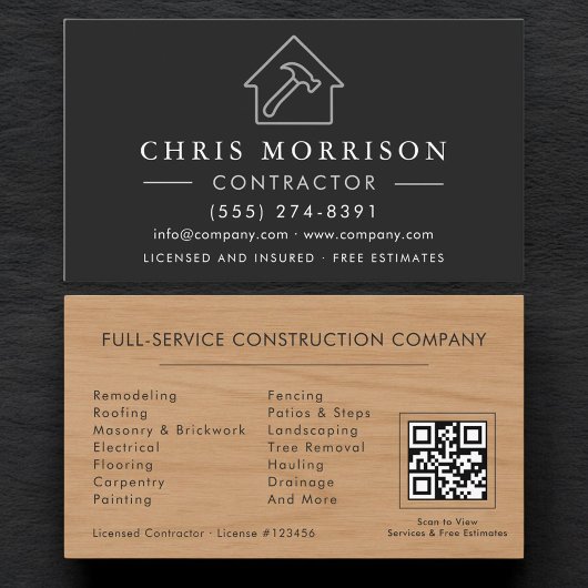 Carte De Visite Wood Building Construction Black Silver QR Code
