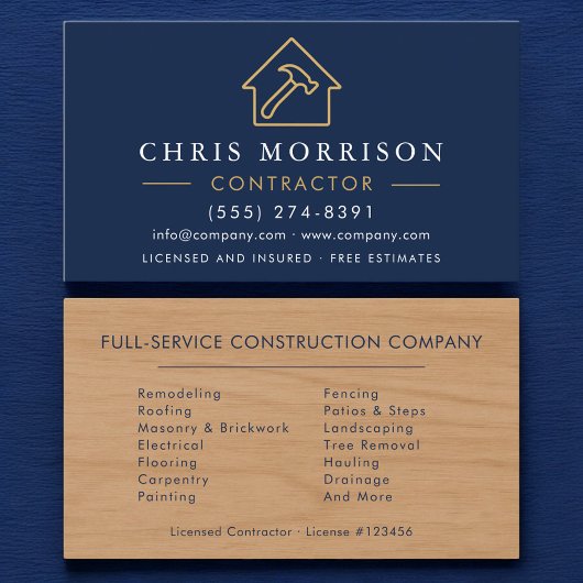 Carte De Visite Wood Building Construction Contractor Navy Blue